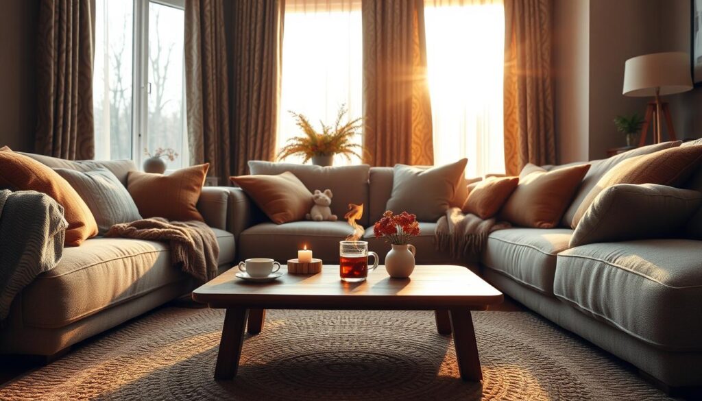 A cozy living room scene that radiates comfort, featuring plush, oversized sofas adorned with soft, textured cushions in warm earth tones. In the foreground, a thick, woven area rug adds warmth underfoot. The middle of the scene showcases a wooden coffee table topped with a steaming cup of tea and a small vase of seasonal flowers, while a throw blanket drapes casually over the arm of the couch. In the background, large windows let in soft, golden daylight, illuminating elegantly patterned curtains that flutter gently. The atmosphere is inviting, with soft shadows creating depth and a sense of tranquility, ideal for a chilly day. The perspective captures the room from a slightly angled view, enhancing the spatial feel of the inviting space.