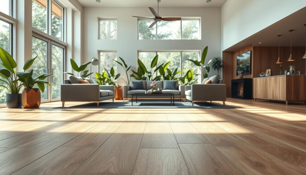 A modern, elegantly designed living space featuring high-quality, luxurious vinyl flooring that reflects contemporary trends. In the foreground, showcase a spacious, open area with soft, natural lighting highlighting the rich texture and color variations of the vinyl planks. In the middle, include tasteful furniture such as a sleek sofa and a stylish coffee table, all arranged to enhance the sophistication of the room. In the background, there should be large windows letting in ample sunlight, with green plants promoting a sense of sustainability. The atmosphere should exude warmth and tranquility, emphasizing the vinyl flooring as a stylish yet eco-friendly choice for interior design, appealing to a Brazilian audience. A modern, elegantly designed living space featuring high-quality, luxurious vinyl flooring that reflects contemporary trends. In the foreground, showcase a spacious, open area with soft, natural lighting highlighting the rich texture and color variations of the vinyl planks. In the middle, include tasteful furniture such as a sleek sofa and a stylish coffee table, all arranged to enhance the sophistication of the room. In the background, there should be large windows letting in ample sunlight, with green plants promoting a sense of sustainability. The atmosphere should exude warmth and tranquility, emphasizing the vinyl flooring as a stylish yet eco-friendly choice for interior design, appealing to a Brazilian audience.