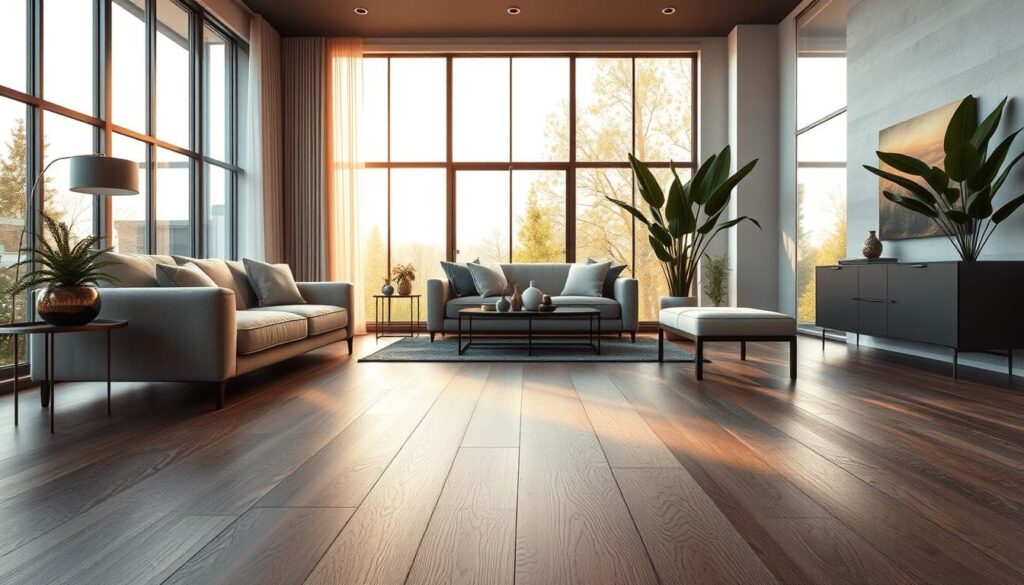 A stylish and modern room featuring luxurious new vinyl flooring as the focal point, showcasing its elegance and beauty. In the foreground, a beautifully arranged living space with plush furniture and tasteful decor. The middle layer highlights the rich textures and patterns of the vinyl flooring, reflecting warm, natural light that filters in from large, panoramic windows. The background includes subtle greenery from plants that enhance the tranquil atmosphere. The scene captures a contemporary and welcoming vibe, with soft shadows adding depth. The overall mood is sophisticated yet inviting, emphasizing the innovative aesthetics of vinyl flooring. The image should be hyper-realistic, with attention to intricate details that highlight the material’s versatility and elegance. A stylish and modern room featuring luxurious new vinyl flooring as the focal point, showcasing its elegance and beauty. In the foreground, a beautifully arranged living space with plush furniture and tasteful decor. The middle layer highlights the rich textures and patterns of the vinyl flooring, reflecting warm, natural light that filters in from large, panoramic windows. The background includes subtle greenery from plants that enhance the tranquil atmosphere. The scene captures a contemporary and welcoming vibe, with soft shadows adding depth. The overall mood is sophisticated yet inviting, emphasizing the innovative aesthetics of vinyl flooring. The image should be hyper-realistic, with attention to intricate details that highlight the material’s versatility and elegance.