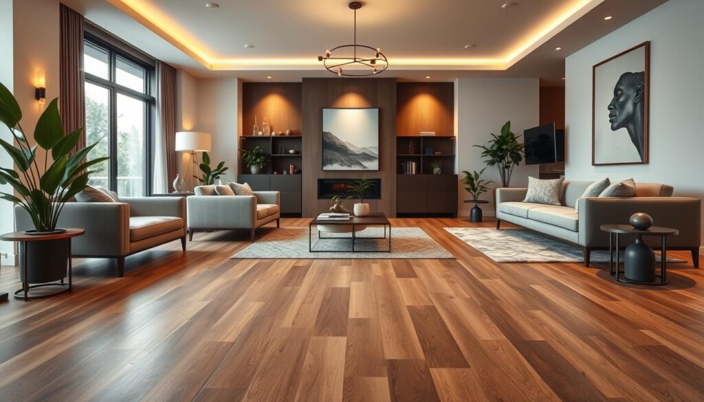 A stylish, modern interior showcasing a living room with luxurious vinyl flooring as the centerpiece. In the foreground, a refined seating area with elegant furniture, soft textures, and tasteful decorations, emphasizing the warmth and elegance of vinyl. The middle ground features the vinyl flooring in rich wood tones, blending seamlessly with area rugs. In the background, large windows allow natural light to flood the space, enhancing the inviting atmosphere. The lighting is soft and warm, creating a cozy yet sophisticated mood. Include potted plants for a touch of greenery, and ensure the setting is relatable for a Brazilian audience, reflecting contemporary design trends in home interiors. A stylish, modern interior showcasing a living room with luxurious vinyl flooring as the centerpiece. In the foreground, a refined seating area with elegant furniture, soft textures, and tasteful decorations, emphasizing the warmth and elegance of vinyl. The middle ground features the vinyl flooring in rich wood tones, blending seamlessly with area rugs. In the background, large windows allow natural light to flood the space, enhancing the inviting atmosphere. The lighting is soft and warm, creating a cozy yet sophisticated mood. Include potted plants for a touch of greenery, and ensure the setting is relatable for a Brazilian audience, reflecting contemporary design trends in home interiors.