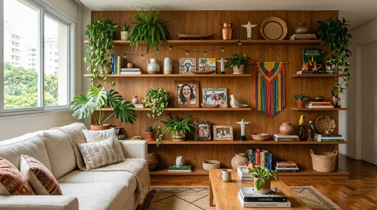 Parede decorada com prateleiras de madeira, fotos, lembranças de viagens e objetos pessoais em sala moderna.