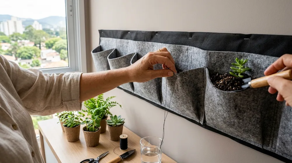 Montagem de jardim vertical com bolsos de feltro, substrato e manta bidim na parede.