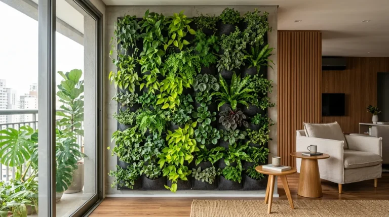 Jardim vertical com painel de feltro decorando apartamento moderno com plantas exuberantes.