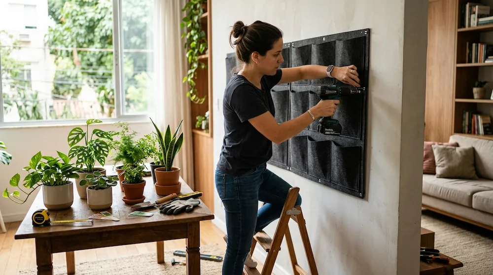 Preparação de parede para jardim vertical com painel de feltro em ambiente interno moderno.