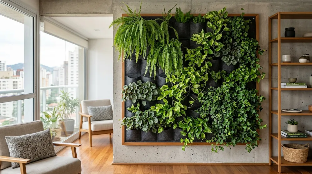 Jardim vertical com painel de feltro usando samambaias, jiboias, peperômias e heras em distribuição harmoniosa.