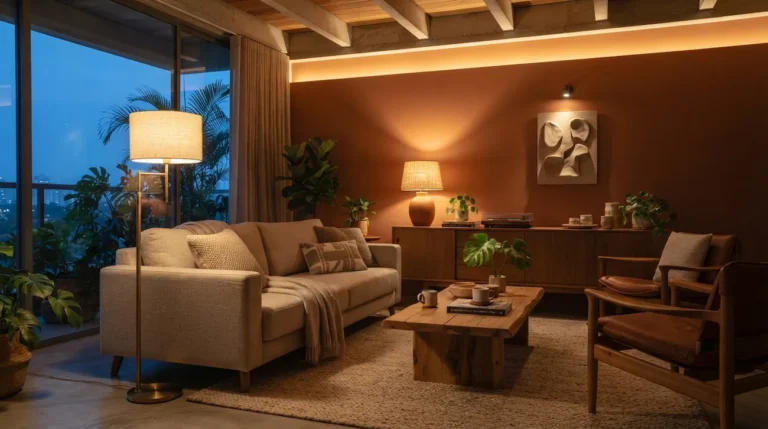 Sala aconchegante com iluminação quente em diferentes pontos, criando um ambiente acolhedor e confortável