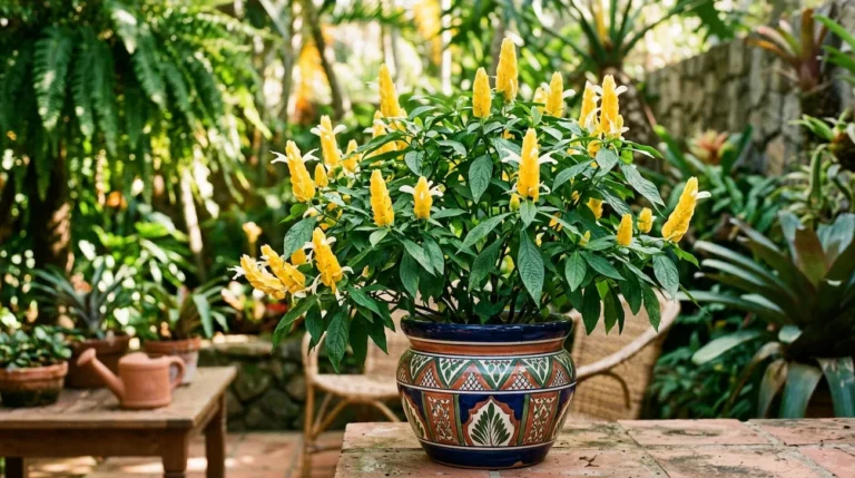 Decoração de vaso com planta camarão amarelo
