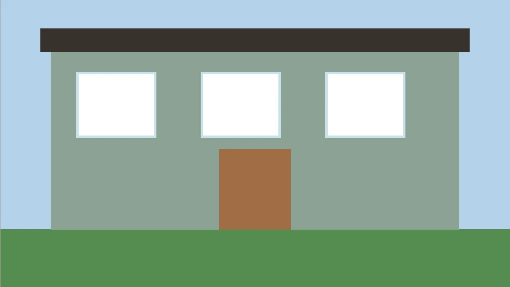 Fachada de casa moderna com cor verde-acinzentado e incidência de luz solar natural nas paredes externas
