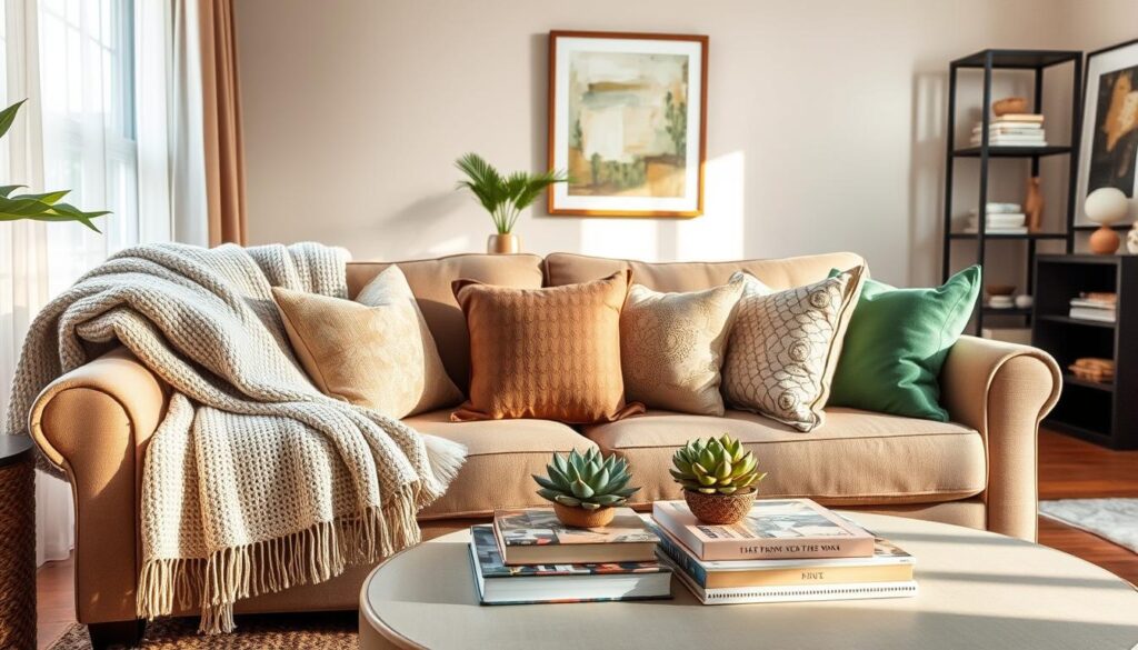 Decoração de sala de estar com sofá aconchegante, manta sobre o assento e almofadas elegantes
