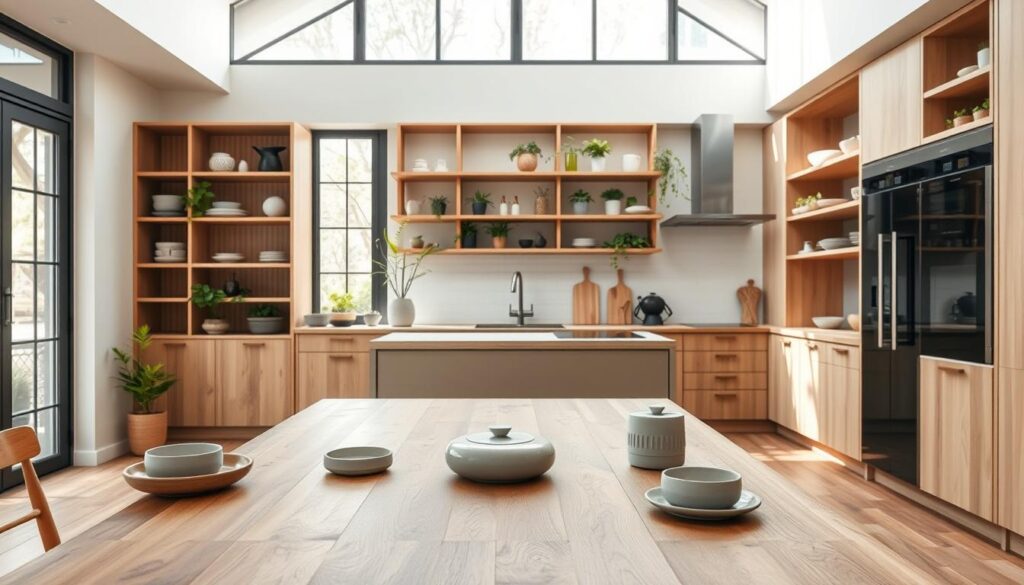 Detalhes de cozinha Japandi com prateleiras abertas, utensílios de cerâmica artesanal e luz difusa