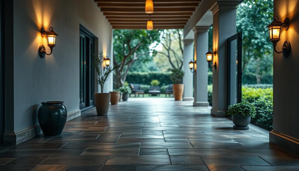 Piso antiderrapante e arandelas de iluminação quente na parede do corredor externo valorizando o jardim lateral