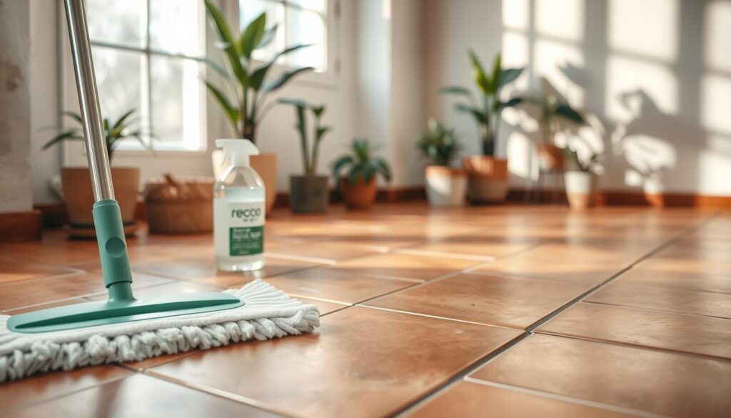 Piso de porcelanato terracota limpo e bem conservado em ambiente residencial