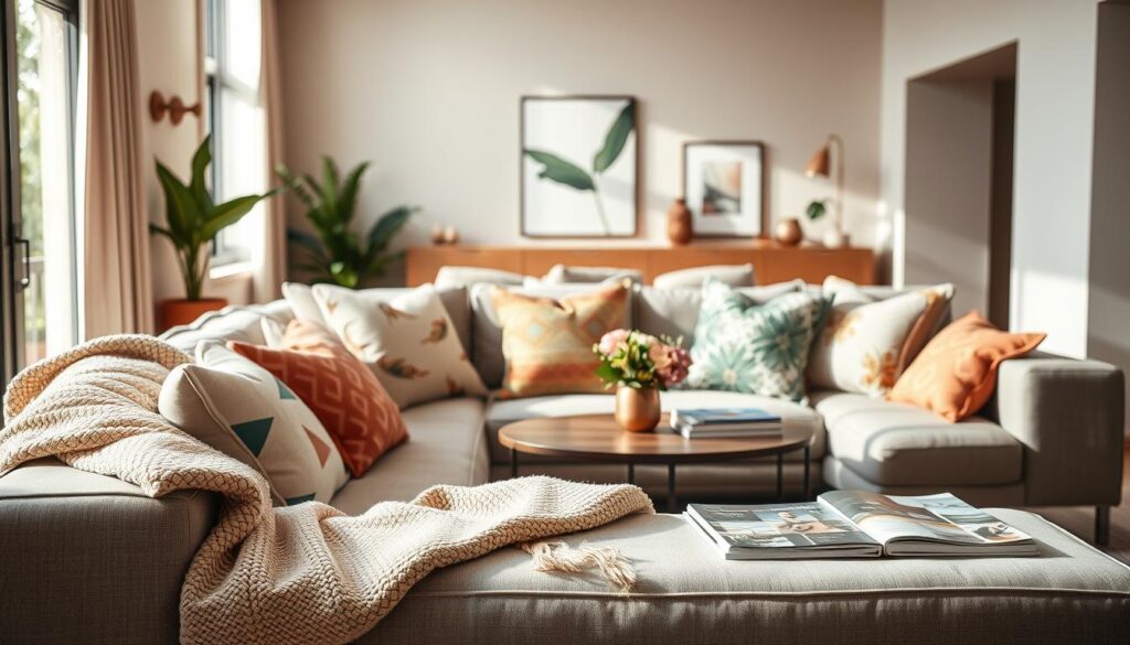 Tendências modernas de decoração de sala com sofá decorado por mantas e almofadas