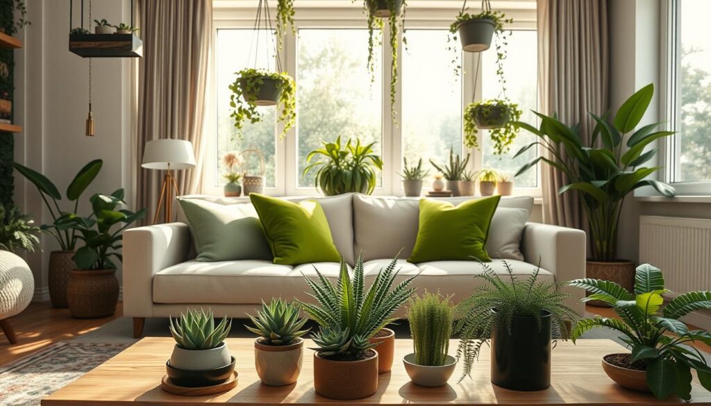 A cozy indoor living space featuring an elegant arrangement of ornamental plants. In the foreground, showcase a stylish, modern coffee table adorned with small potted plants like succulents and ferns. The middle layer should include a comfortable sofa in neutral tones, with vibrant green throw pillows, complemented by hanging planters filled with trailing vines above. In the background, large windows allow natural light to pour in, enhancing the scene with a warm atmosphere. The overall mood is inviting and serene, with soft sunlight casting gentle shadows throughout the room. Use a wide-angle perspective to capture the harmonious blend of nature and interior design, focusing on texture and detail for a realistic portrayal.