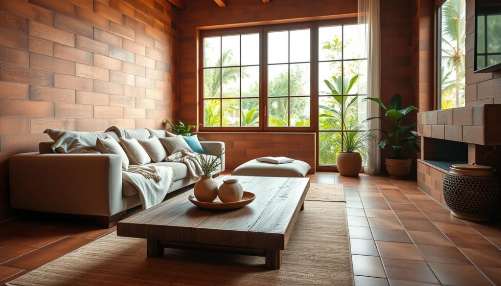 Interior decorado com acabamento em cerâmica terracota destacando aconchego e elementos naturais