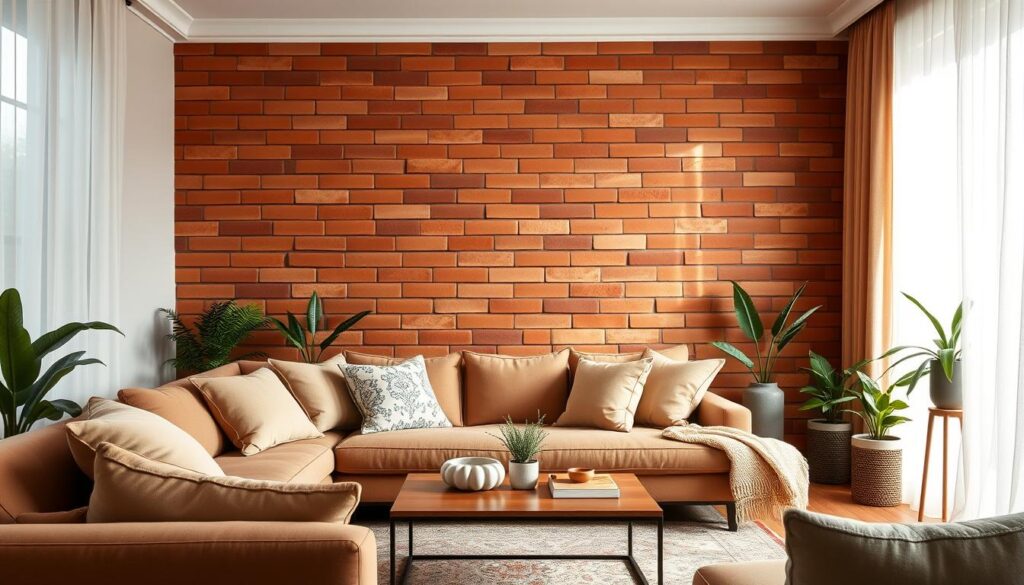 Parede de destaque em terracota na sala de estar combinando com sofá confortável e plantas