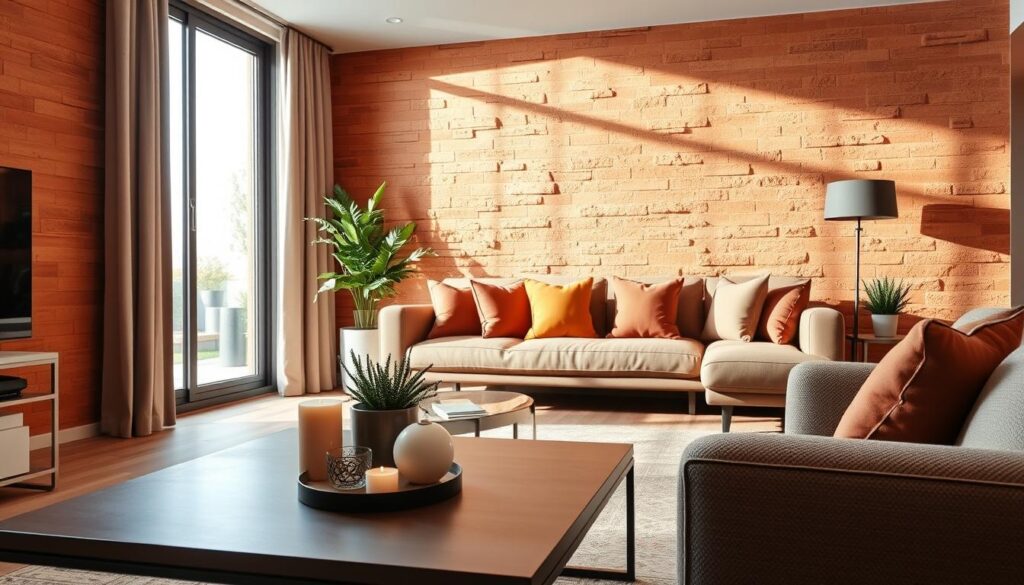 Sala de estar moderna e aconchegante com parede revestida em terracota e decoração rústica elegante
