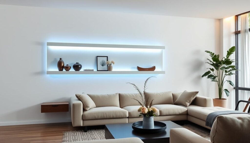 A modern living room featuring a sleek, floating panel shelf illuminated by vibrant LED strip lights. In the foreground, a stylish sofa with neutral tones complements the space. On the panel, decorative items are artfully arranged, reflecting understated elegance. The middle ground captures a coffee table with minimalist decor, including a potted plant that adds a touch of greenery. The background showcases a large window with natural light spilling in, emphasizing warmth and comfort. Use soft, diffused lighting to create a cozy ambiance. Capture the scene with a slight angle to enhance depth, promoting an inviting and contemporary atmosphere that resonates with modern Brazilian design aesthetics.