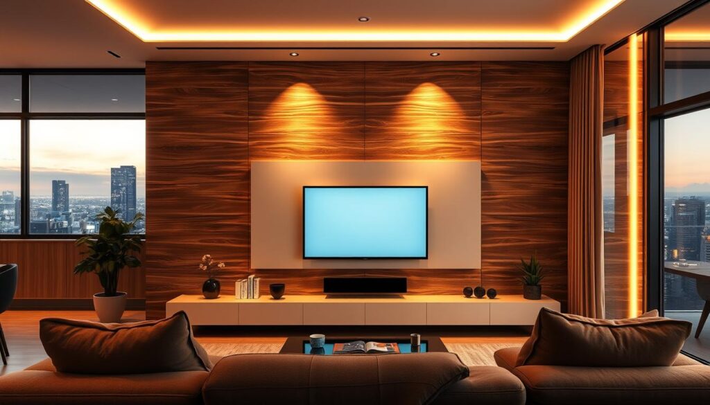 A modern living room featuring a stylish, floating panel design illuminated by soft LED strip lights. In the foreground, a sleek, minimalist furniture arrangement complements the panel. The panel showcases a contemporary digital display and blends seamlessly with the warm wooden textures. In the middle ground, strategically placed LED strips emit a gentle, ambient glow, enhancing the room's modern aesthetic. The background boasts large windows allowing natural light to flood the space, revealing a glimpse of a vibrant urban landscape. The overall lighting is warm and inviting, creating a cozy yet sophisticated atmosphere ideal for modern Brazilian apartments. The image captures the essence of contemporary interior design, highlighting the innovative use of LED lighting in a chic home setting.