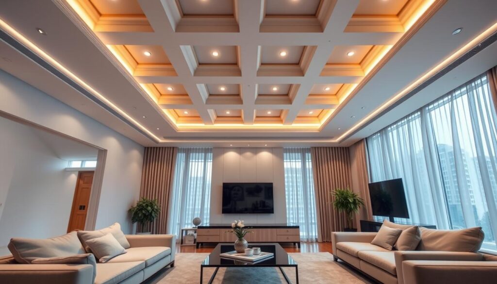 Sala de estar moderna com teto rebaixado e sanca invertida iluminada