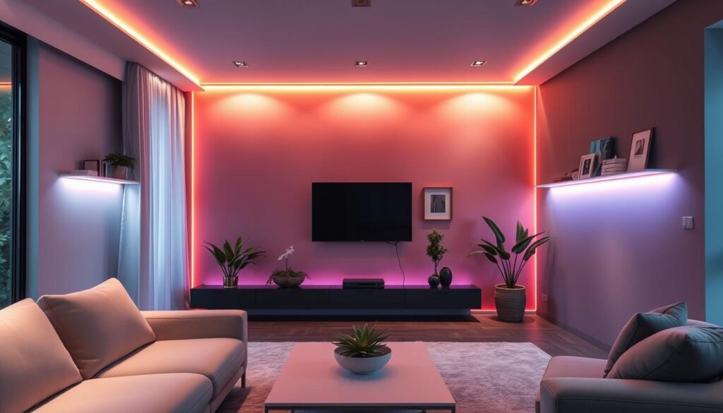 A modern living room featuring stylish floating panels illuminated by vibrant LED strips. In the foreground, showcase sleek, contemporary furniture in a neutral palette, with a minimalist coffee table and decorative plants. In the middle ground, highlight the floating wall panel with integrated LED strips casting a soft glow in warm colors, creating an inviting atmosphere. The background features a tastefully decorated wall with art pieces, providing an elegant contrast to the lighting. Use soft, diffused natural light coming from a large window, and capture the scene with a wide-angle lens for a spacious feel. The mood should be cozy and modern, ideal for a stylish apartment setting, appealing to the Brazilian audience.