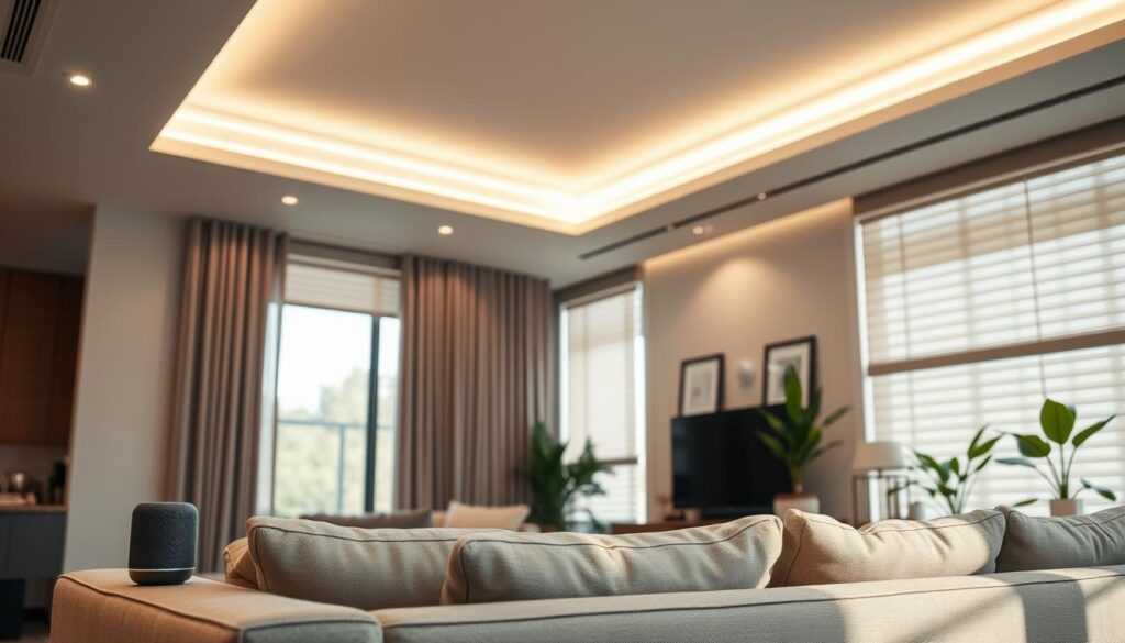 Sala de estar com automação residencial, iluminação embutida e sanca de LED