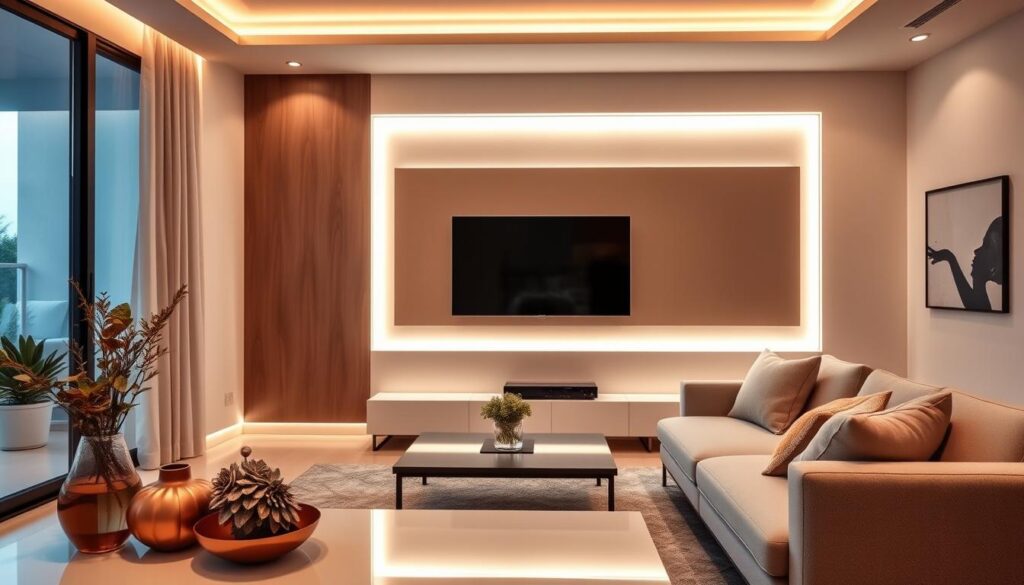 A modern living room with a floating panel feature on the wall, elegantly lit with dimmable LED strip lights, showcasing soft ambient lighting. The foreground includes a stylish coffee table with decorative plants and a minimalist vase. In the middle, the floating panel displays a contemporary television, framed by the warm glow of the LED lights. The background highlights a sleek sofa upholstered in neutral tones, complemented by abstract art on the walls, creating a blend of comfort and sophistication. The room is well-lit with natural light coming from large windows, enhancing the inviting atmosphere. The overall mood is modern, chic, and distinctly Brazilian, reflecting the latest trends in apartment design.