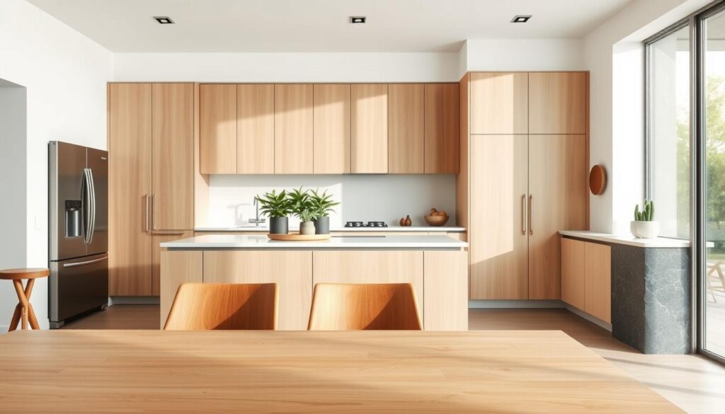 Cozinha serena em conceito Japandi com paleta neutra, pedra natural e linhas minimalistas