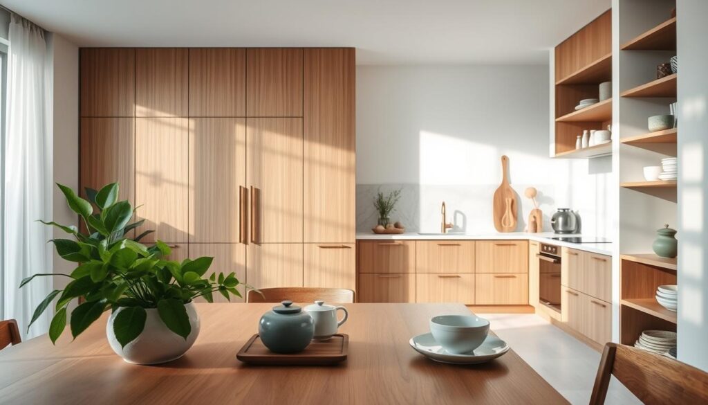 Decoração de cozinha Japandi integrando mesa de madeira, louças de cerâmica e plantas naturais