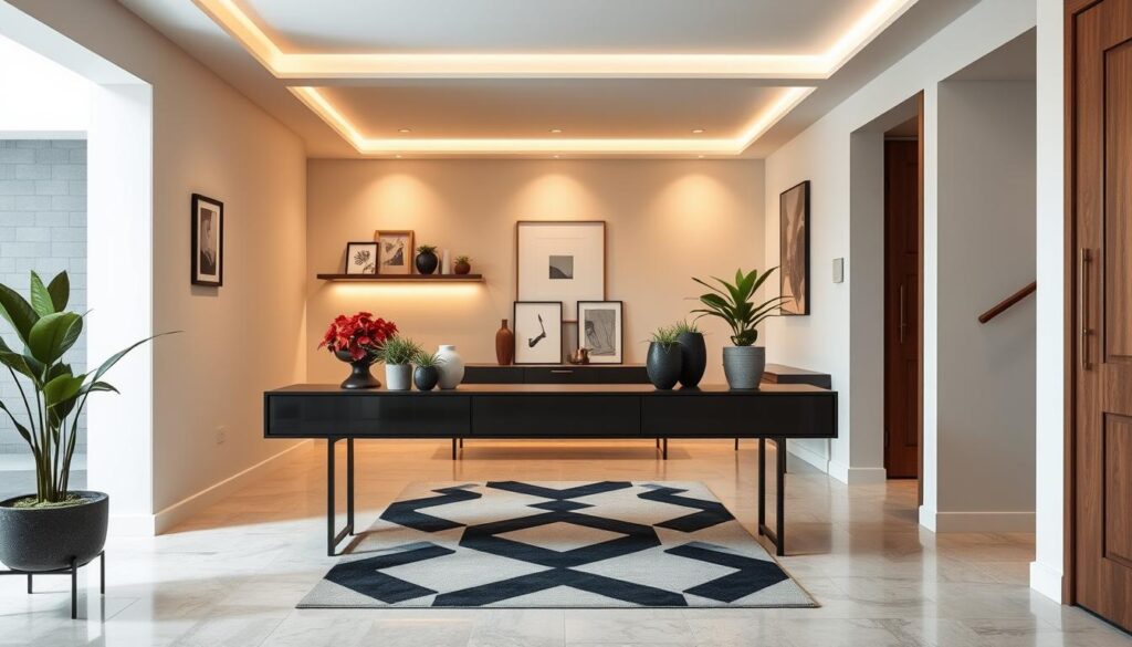 Corredor de entrada residencial transformado com marcenaria sob medida e plantas em vasos decorativos Corredor de entrada residencial transformado com marcenaria sob medida e plantas em vasos decorativos