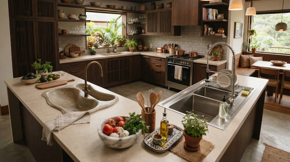 Cuba e pia de cozinha em ambiente moderno e planejado