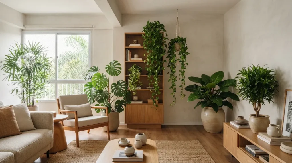 Plantas integradas ao design de interiores criando ambiente verde e sofisticado