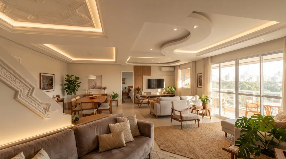 Sala lindamente decorada com sanca de gesso no teto