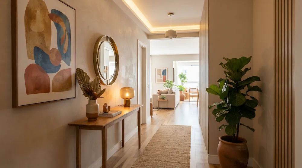 Ideias de decoração de entradas residenciais com quadros iluminados e design elegante