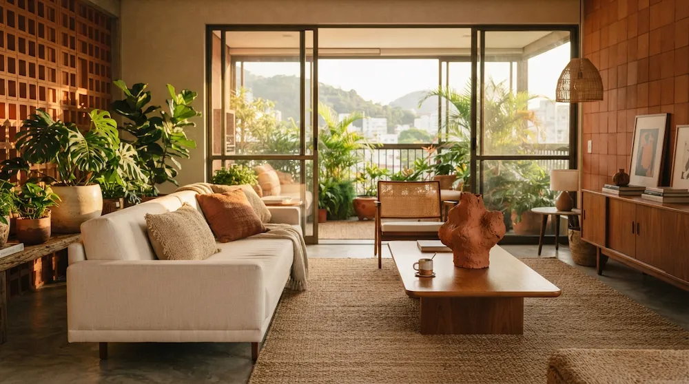 Revestimento terracota aplicado em paredes de ambientes internos com design contemporâneo