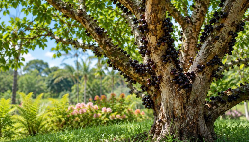 A Jabuticabeira tree stands majestically in a protected natural setting, showcasing its thick, gnarled trunk adorned with clusters of dark purple fruits. In the foreground, the vibrant green grass contrasts with the intricate bark texture of the tree, which is bathed in soft, dappled sunlight filtering through lush foliage. The middle ground features blooming flowers and gentle ferns, enhancing the tropical ambiance. In the background, a blurred view of other native Brazilian trees creates a sense of depth, while the sky above reflects a serene blue. The overall mood is tranquil and inviting, suggesting a harmonious relationship between the Jabuticabeira and its environment, perfect for years of fruitful harvests. The image is captured with a shallow depth of field, emphasizing the tree without distractions, ensuring a focus on its beauty. A Jabuticabeira tree stands majestically in a protected natural setting, showcasing its thick, gnarled trunk adorned with clusters of dark purple fruits. In the foreground, the vibrant green grass contrasts with the intricate bark texture of the tree, which is bathed in soft, dappled sunlight filtering through lush foliage. The middle ground features blooming flowers and gentle ferns, enhancing the tropical ambiance. In the background, a blurred view of other native Brazilian trees creates a sense of depth, while the sky above reflects a serene blue. The overall mood is tranquil and inviting, suggesting a harmonious relationship between the Jabuticabeira and its environment, perfect for years of fruitful harvests. The image is captured with a shallow depth of field, emphasizing the tree without distractions, ensuring a focus on its beauty.