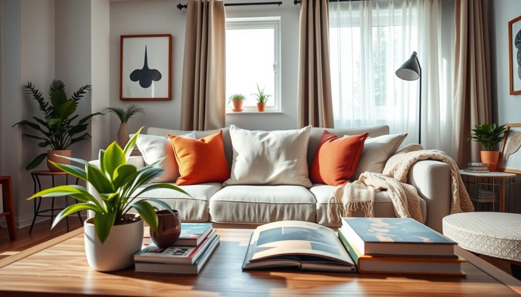 Sala de estar decorada com almofadas elegantes, mesa de centro estilizada com plantas e iluminação natural suave