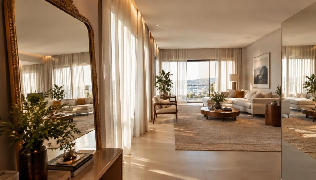 Uma sala de estar moderna e com belo design, que utiliza espelhos elegantes e cortinas fluidas para ampliar visualmente o ambiente.
