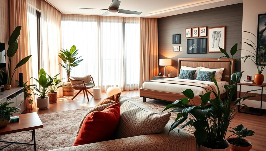 Integração visual de sala e quarto decorados com itens acessíveis e estilo contemporâneo brasileiro
