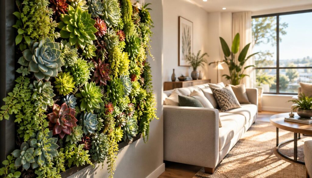 Uma sala de estar aconchegante que apresenta um impressionante jardim vertical repleto de uma variedade de suculentas vibrantes.
