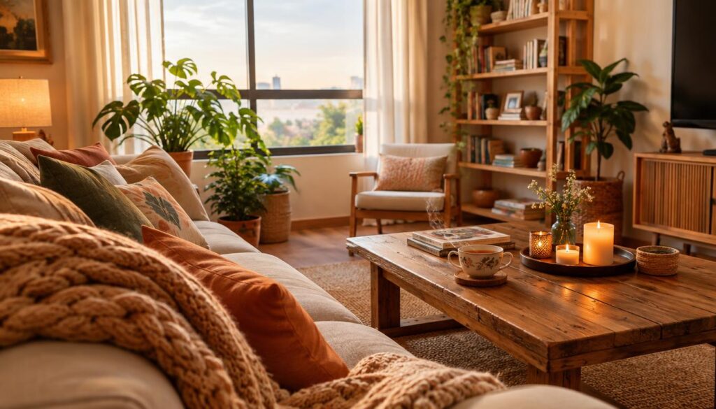 Sala de estar brasileira com base neutra, cores suaves, madeira, plantas e decoração acolhedora