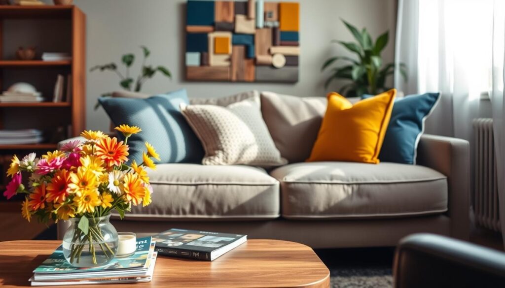 Sala de estar charmosa decorada com soluções econômicas, flores frescas e detalhes afetivos