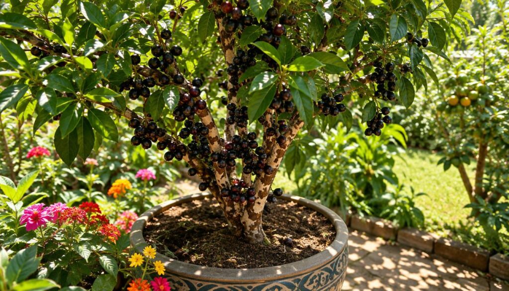 Uma jabuticabeira exuberante, repleta de folhas verde-escuras e brilhantes e cachos de pequenas bagas roxo-escuras, prosperando em um jardim vibrante e elegantemente disposta em um vaso decorativo. Em primeiro plano, destacam-se as texturas detalhadas da casca e dos frutos, com a luz do sol filtrada pela folhagem criando um jogo de luz e sombra sobre o solo. O plano intermediário apresenta o vaso cercado por flores coloridas que conferem vivacidade ao cenário, enquanto o fundo revela um ambiente de jardim sereno, com vegetação exuberante e outras frutíferas em foco suave. A atmosfera geral é acolhedora e convidativa, evocando beleza e abundância — um cenário perfeito para um quintal brasileiro idílico. A iluminação é clara, porém suave, realçando a riqueza de cores e texturas, com a imagem captada de um ângulo levemente elevado para criar profundidade.