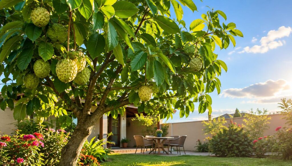 Uma representação realista de uma fruta-do-conde em um quintal compacto, exibindo sua folhagem verde e exuberante e seus frutos ovais característicos pendentes entre os galhos. Em primeiro plano, a árvore destaca-se com vivacidade, cercada por grama recém-aparada e flores coloridas que realçam a beleza da cena. No plano intermediário, uma área de pátio aconchegante, com uma pequena mesa e cadeiras, convida ao relaxamento, oferecendo uma combinação harmoniosa entre natureza e conforto. O fundo apresenta um céu azul límpido com nuvens suaves e fofas, iluminado por uma luz solar quente e dourada que cria uma atmosfera serena. O ângulo captura a cena de um ponto ligeiramente abaixo da árvore, enfatizando seu porte e o aconchego do ambiente, tornando-a uma representação visual ideal para um jardim residencial.