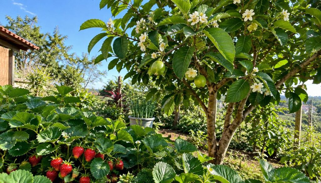 A serene backyard scene featuring both strawberry plants and a guava tree, showcasing a vibrant garden setting. In the foreground, ripe red strawberries nestled among lush green leaves, glistening with morning dew. The middle ground highlights a healthy guava tree with its distinctive broad leaves and clusters of small white flowers, hinting at future fruit. The background reveals a clear blue sky and hints of other plants and greenery, enhancing the garden atmosphere. Soft, natural lighting illuminates the scene, creating a warm and inviting mood. The angle is slightly elevated, capturing the interplay between the strawberry plants and guava tree, emphasizing their compatibility in a domestic setting. Emphasize realism to resonate with a Brazilian audience. A serene backyard scene featuring both strawberry plants and a guava tree, showcasing a vibrant garden setting. In the foreground, ripe red strawberries nestled among lush green leaves, glistening with morning dew. The middle ground highlights a healthy guava tree with its distinctive broad leaves and clusters of small white flowers, hinting at future fruit. The background reveals a clear blue sky and hints of other plants and greenery, enhancing the garden atmosphere. Soft, natural lighting illuminates the scene, creating a warm and inviting mood. The angle is slightly elevated, capturing the interplay between the strawberry plants and guava tree, emphasizing their compatibility in a domestic setting. Emphasize realism to resonate with a Brazilian audience.