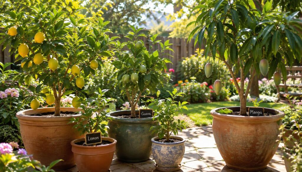 A serene backyard scene showcasing the ideal setup for cultivating fruit trees. In the foreground, a beautifully arranged selection of pots filled with various fruit trees, such as lemon, guava, and mango, each visibly healthy and vibrant. The pots are of varying sizes, demonstrating optimal choices for each tree type. In the middle ground, sunlight filters through the leaves, casting dappled shadows on the ground, highlighting the importance of light in plant growth. The background features a lush, well-maintained garden, with a hint of a fence and colorful flowers, creating an inviting atmosphere. The entire scene is bathed in warm natural light, evoking a sense of tranquility and connection to nature, captured with a soft focus lens for depth. A serene backyard scene showcasing the ideal setup for cultivating fruit trees. In the foreground, a beautifully arranged selection of pots filled with various fruit trees, such as lemon, guava, and mango, each visibly healthy and vibrant. The pots are of varying sizes, demonstrating optimal choices for each tree type. In the middle ground, sunlight filters through the leaves, casting dappled shadows on the ground, highlighting the importance of light in plant growth. The background features a lush, well-maintained garden, with a hint of a fence and colorful flowers, creating an inviting atmosphere. The entire scene is bathed in warm natural light, evoking a sense of tranquility and connection to nature, captured with a soft focus lens for depth.