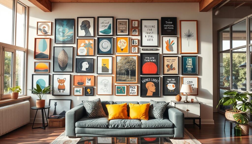 Parede de galeria com quadros e pôsteres emoldurados de tamanhos variados sobre o sofá