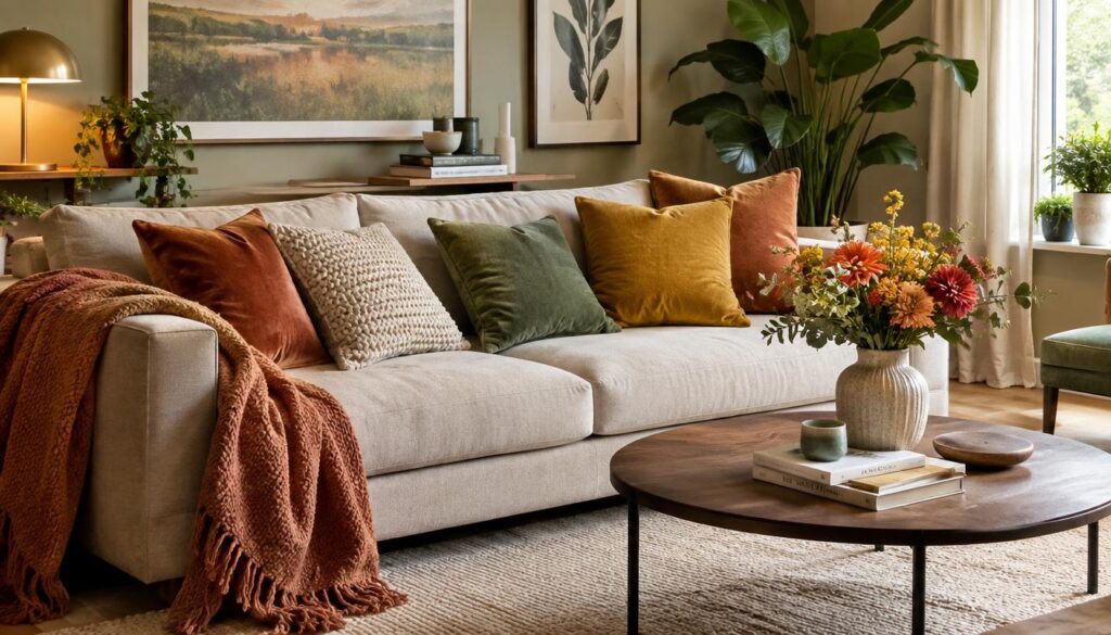 Uma sala de estar elegante, com um sofá aconchegante adornado por uma variedade de almofadas decorativas. As almofadas apresentam texturas ricas — como veludo, tricô e linho — em cores da moda, como terracota, verde suave e amarelo-mostarda. Em primeiro plano, uma manta macia cai de forma descontraída sobre um dos braços do sofá. O plano intermediário destaca uma mesa de centro de linhas elegantes com um vaso decorativo contendo flores frescas, enquanto um tapete macio em tom neutro ancora a composição. Ao fundo, obras de arte relaxantes e plantas de interior criam uma atmosfera acolhedora e convidativa. Uma iluminação natural e suave entra pela janela, realçando o clima acolhedor do ambiente.