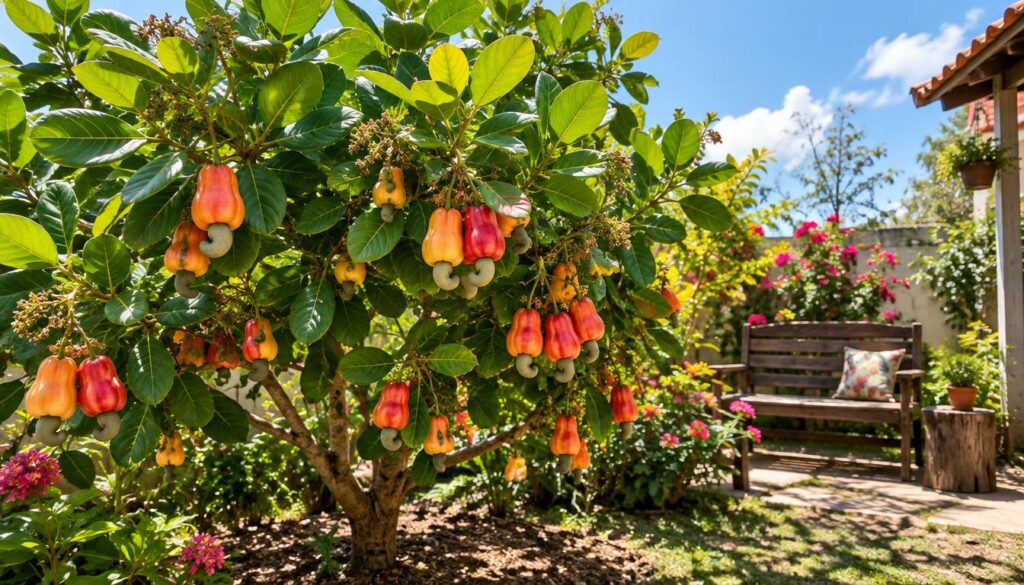 Uma árvore de caju-anão vibrante e viçosa, exibindo seu porte compacto e abundantes cajus maduros, ocupa lugar de destaque em um quintal pequeno e bem cuidado. Em primeiro plano, as folhas verdes e brilhantes e os cajus coloridos são retratados com detalhes minuciosos, convidando o observador a apreciar sua beleza. O plano intermediário apresenta um cenário acolhedor e encantador, com um banco de madeira rústico e plantas floridas, realçando a atmosfera convidativa do quintal. Ao fundo, vê-se um céu azul com algumas nuvens brancas e fofas, indicando um dia ensolarado. Uma luz suave filtra-se entre os galhos, projetando sombras brandas no chão e criando um clima acolhedor e tranquilo que ressalta a alegria de cultivar frutas em casa, mesmo em um espaço reduzido.