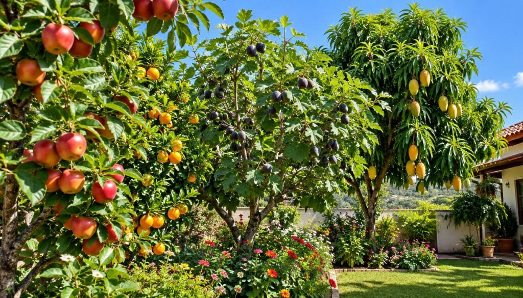 Uma cena vibrante de jardim, apresentando diversas árvores frutíferas adequadas para cultivo doméstico no Brasil. Em primeiro plano, veem-se os ramos verdes e viçosos de uma macieira carregada de maçãs vermelhas e maduras, ao lado de uma árvore cítrica com laranjas de cor viva. Ao centro, destacam-se uma figueira com cachos de figos roxo-escuros e uma mangueira exibindo mangas amarelas e maduras, tudo isso emoldurado por um canteiro bem cuidado e repleto de flores coloridas. Ao fundo, um céu azul e límpido realça a luminosidade geral da imagem. A luz do sol cria sombras suaves, ressaltando as texturas das árvores. A atmosfera é acolhedora e convidativa, ideal para exibir um paisagismo belo e produtivo em um ambiente residencial. O ângulo captura a altura e a copa das árvores, proporcionando uma visão pitoresca de um quintal repleto de frutos.